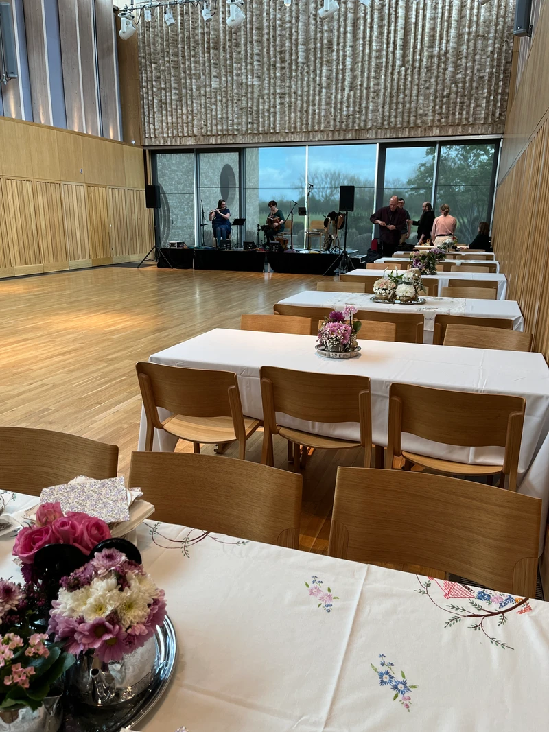 Flowers and vintage tablecloths