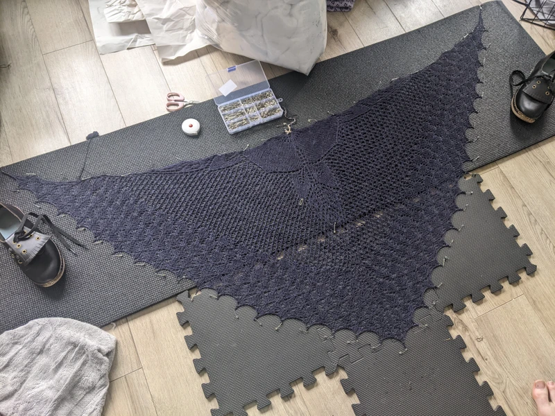 Blocking the shawl. Lots & lots of pins